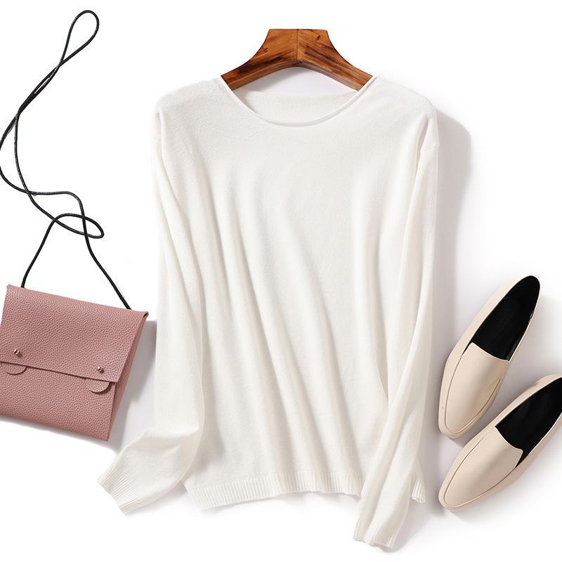 Autumn/Winter Women's Wool Sweater: Round & V-Neck, Rolled Edge, Long Sleeve, Thin Knit Top