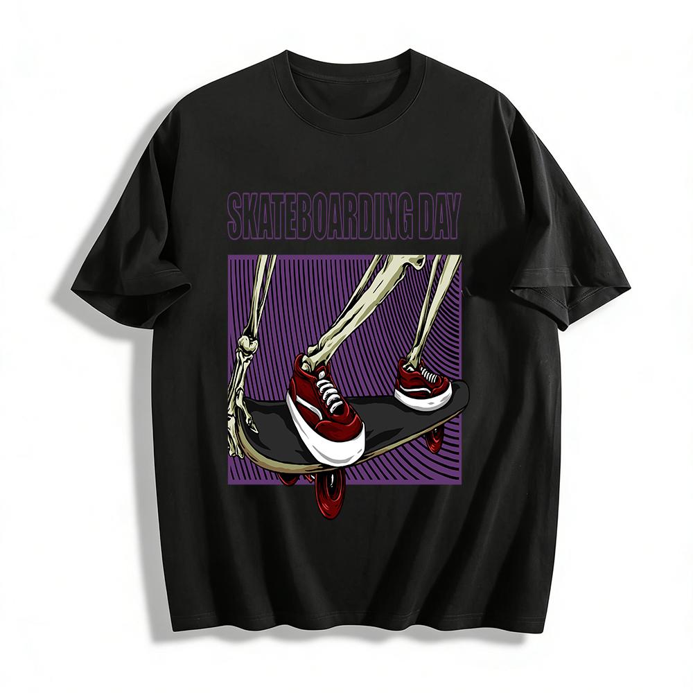 Skateboarding Day Skeleton Print Casual Short Sleeve Tee Pure cotton T-shirt
