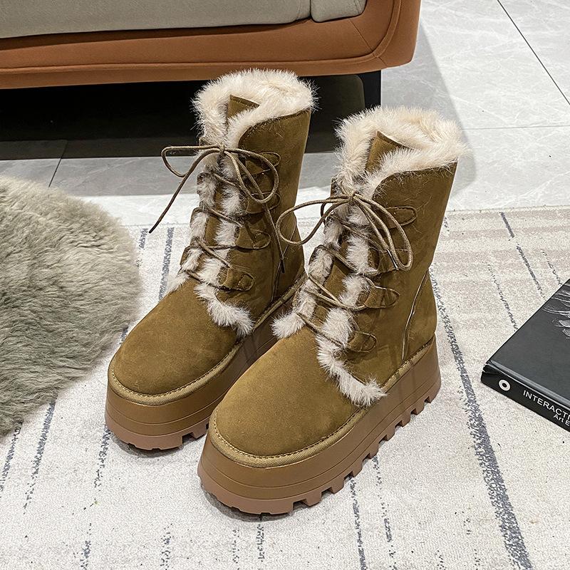 Fashion Thick-soled Lace-up Versatile Tall Plush Snow Boots Women's Winter Warm and Heightening Snow Boots Cotton