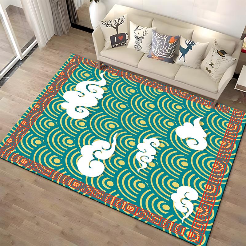 Cloud Pattern with Geometric Waves Non-slip rug suitable for living room and bedroom sofas