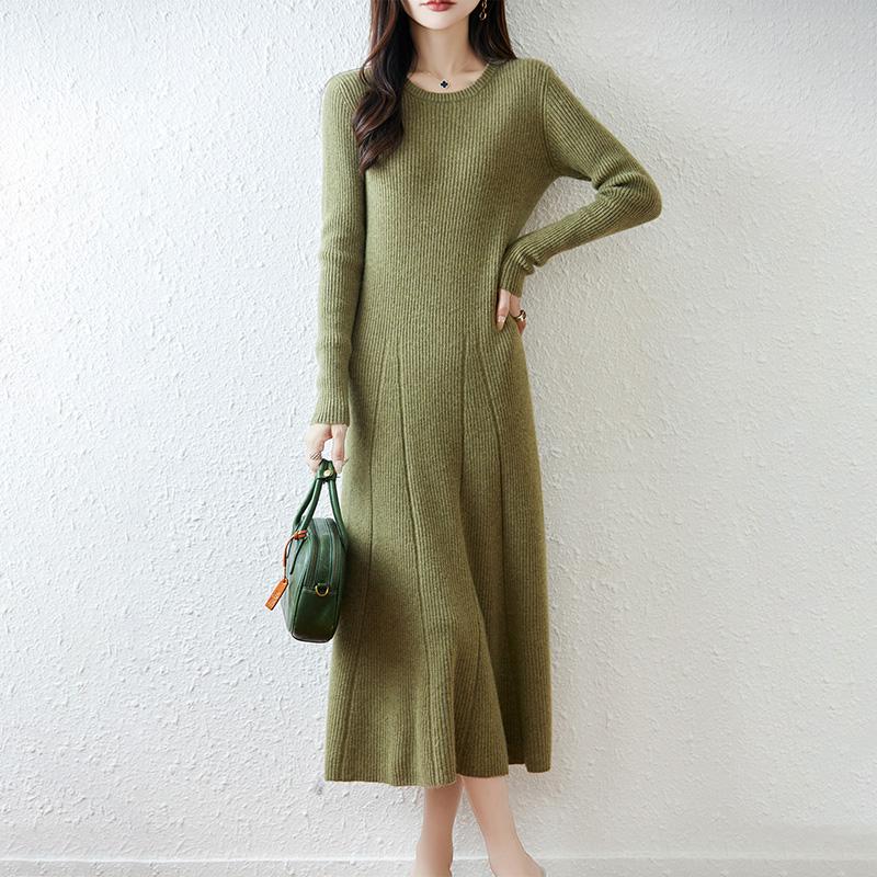 Women Sweater Dress 100% Wool MODERN NEW SAGA O-neck Knit Long Pullover Winter Jumpers Wool Long Dress Female