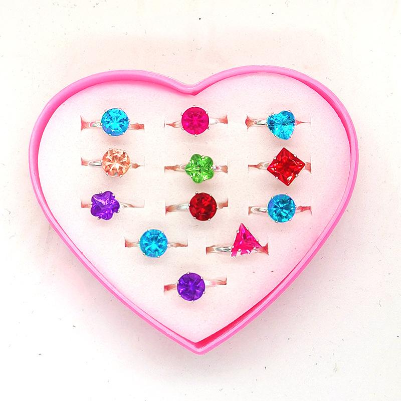 Adjustable Kids Diamond Artificial Gem Ring Jewelry Heart Crystal Finger Ring for Children Girls Birthday Party Gift