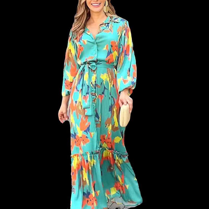 Fashion Wind Print Elegant Lapel Single Breasted Dress Printed Single Brewed Dress