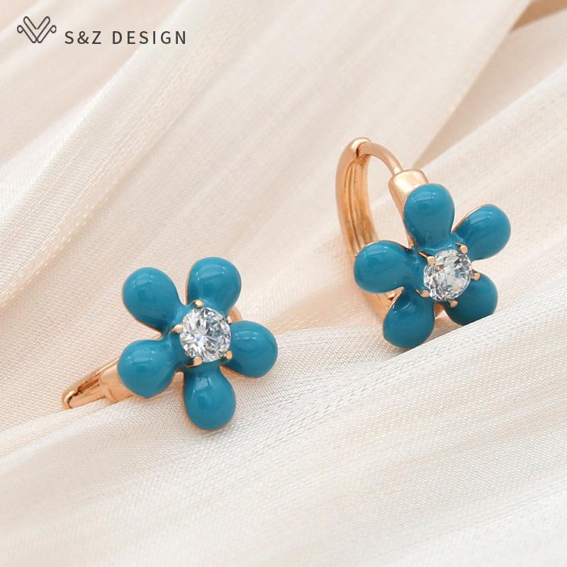 Fashion Champagne Gold Color Red Flower Enamel Oil Drop Earrings For Women Girl Party Cubic Zirconia Eardrop Jewelry