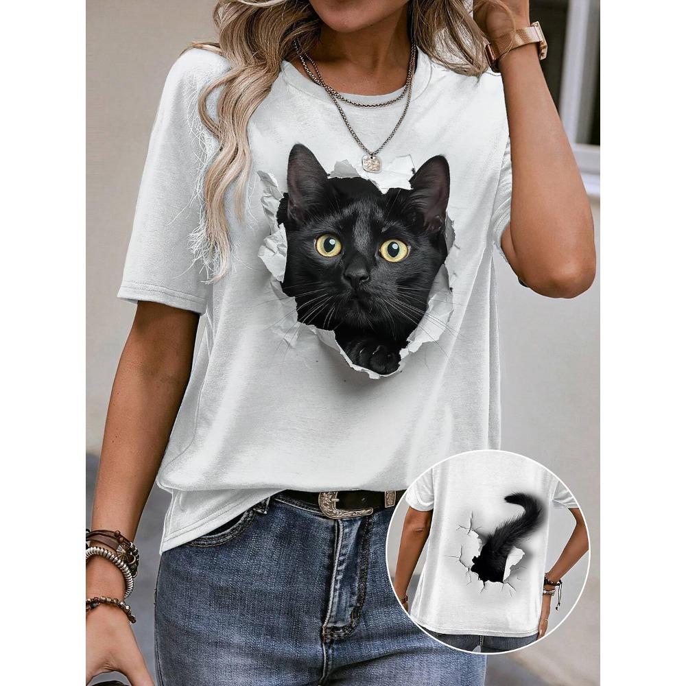 

Women s T-shirt Cute Kitten Peekaboo Graphic Crew Neck Short Sleeve Casual Daily Wear Soft Comfortable Unique Print Top Blue Regular and Plus Size 2XL