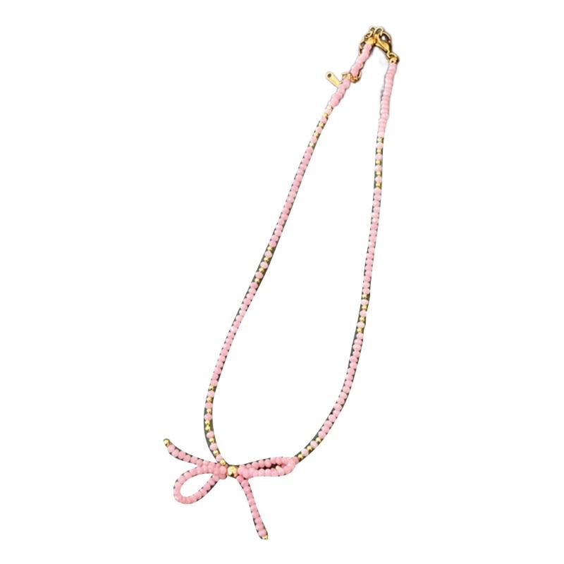 Delicate Beaded Choker Necklace with Bowknot Pendant Stylish Collar Necklaces Adjustable Chain  for Women and Girls