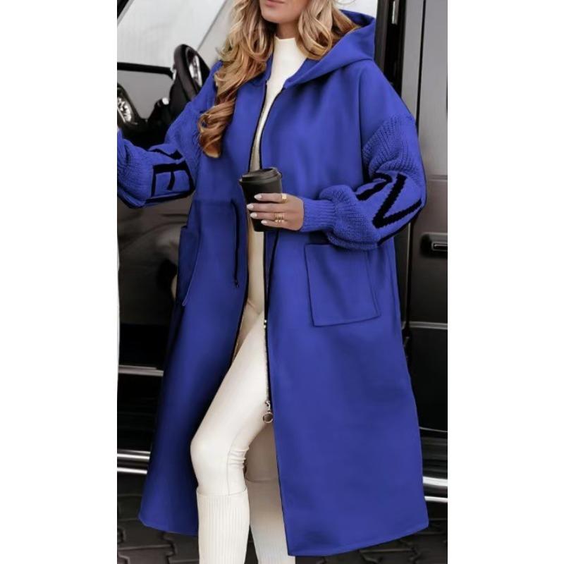 

Женское зимнее пальто с капюшоном и боковыми карманами, лоскутное трикотажное пальто с рукавами, узором из букв, свободное, средней длины, с завязками на талии, однотонное пальто XXXL