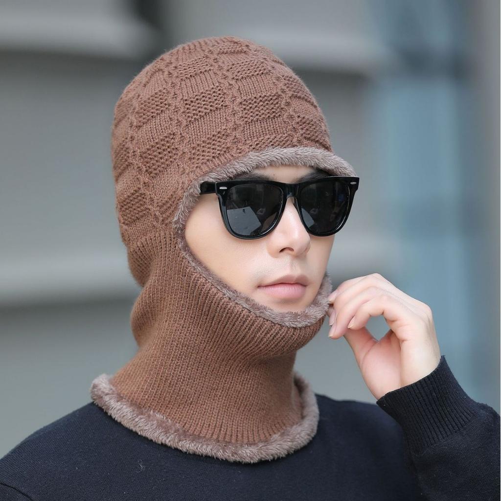 Samthut für Männer im Herbst und Winter Strickmütze Schal Einteilig Ohrenschutz Wollmütze Hut