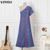 VONDA Women One Shoulder Dress Summer Strapless Floral Print Casual Splits Maxi Dress
