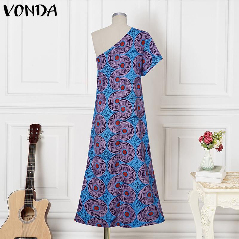VONDA Women One Shoulder Dress Summer Strapless Floral Print Casual Splits Maxi Dress
