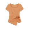 Irregular summer bottoming shirt large size women's short drawstring T-shirt short sleeve T-shirt round neck niche v-neck strap French