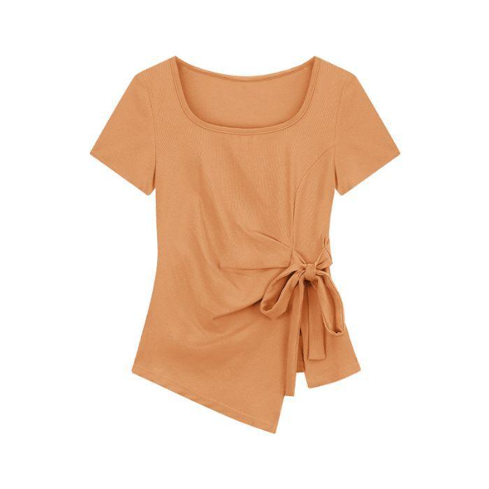 Irregular summer bottoming shirt large size women's short drawstring T-shirt short sleeve T-shirt round neck niche v-neck strap French