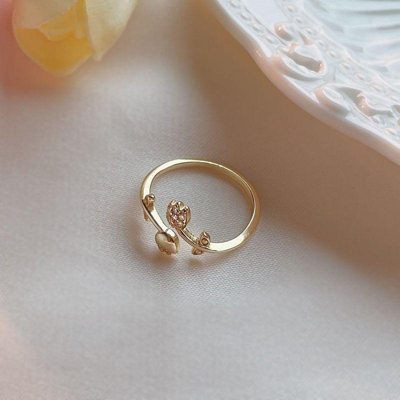 Fashion Luxury Gold Color Tulip Flower Open Ring, Women's Vintage Trend Elegant Temperament Party Zircon Accessories