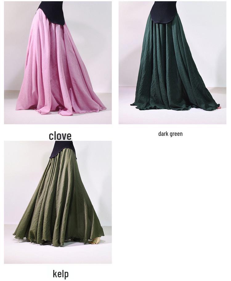 Mori Girl Cotton Linen A-Line Skirt: Elastic Waist, Long Solid Color, National Style Swing