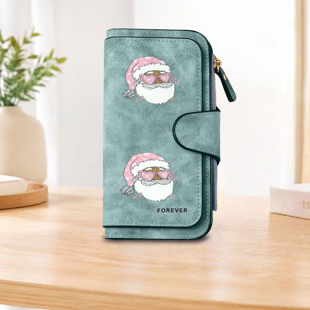 Pink floral Santa Claus long zipper wallet, large-capacity card holder, unisex clutch bag, stylish zippered coin purse, suitable for daily use, a