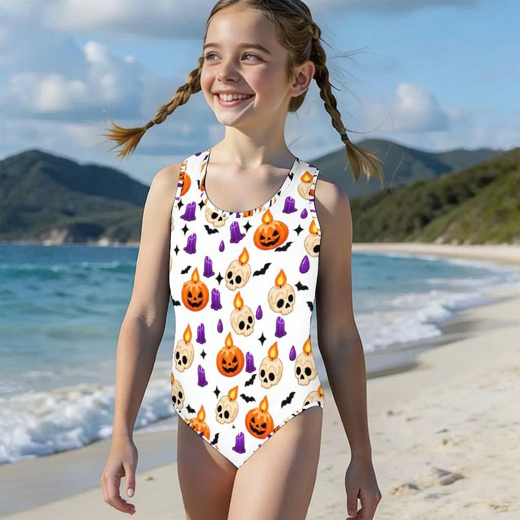 Girls Sleeveless Scoop Neck Wide Straps One Piece Swimsuit Cartoon Wolf Printed White