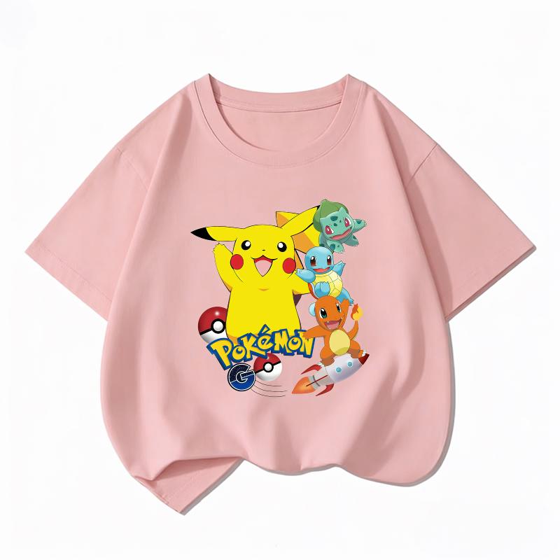 Potdemiel Kids Cotton Tshirt Cute Pikachu Cartoon Print Summer Short Sleeve Boys Girls Casual Crew Neck Tops