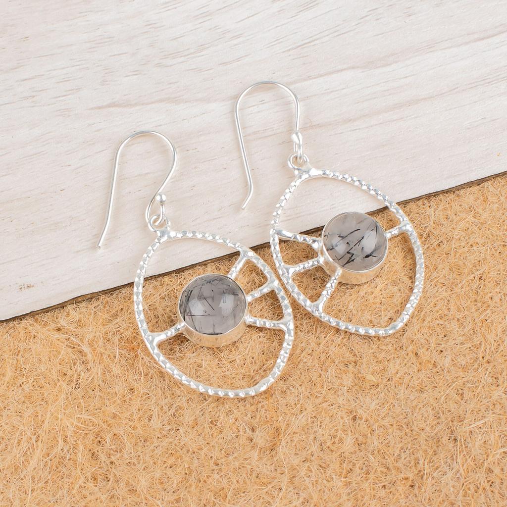 Black Rutile Gemstone 925 Sterling Silver Jewelry Handmade Women Earrings 2.00" EE-52-28