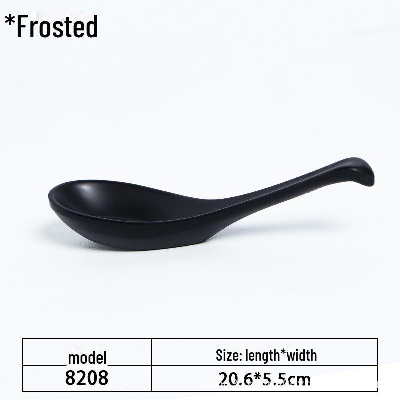 A5 Black Matte Melamine Long Handle Soup Spoon - Food Grade Porcelain Imitation for Restaurants, Hotels, and Hot Pots.