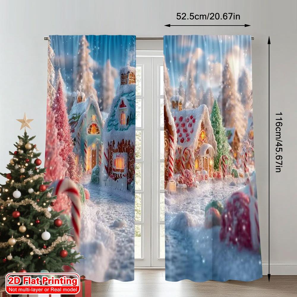 2pcs 2D flat printing Merry Christmas Popular Party Window Curtains Red Candy Village Fabric Without Electricity Festive