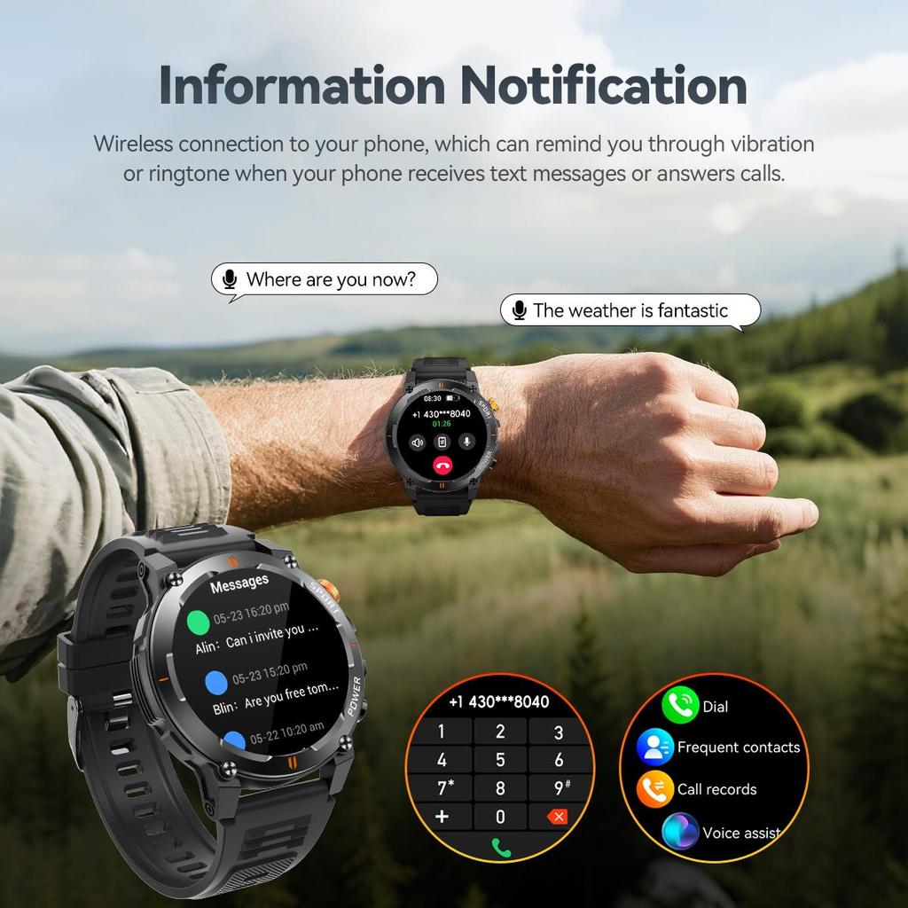 men smartwatch, Bluetooth call, LED Flashlight, IP67 waterproof fitness tracker, pedometer, music player, weather, outdoor sports fitness watch