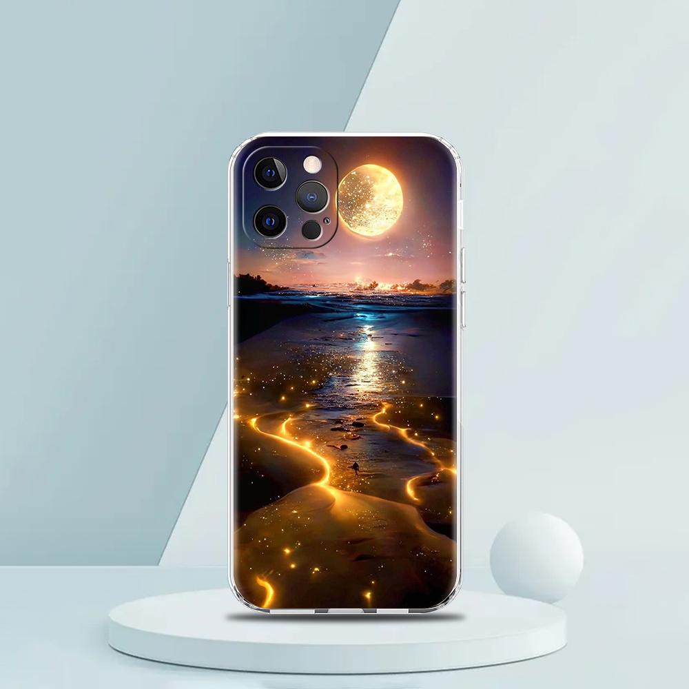 Soft TPU Transparent Phone Case for iPhone 16 15 14 13 12 11 Pro Max XR 8 7 Plus XR Starry Night Art Aesthetic Beach Night View