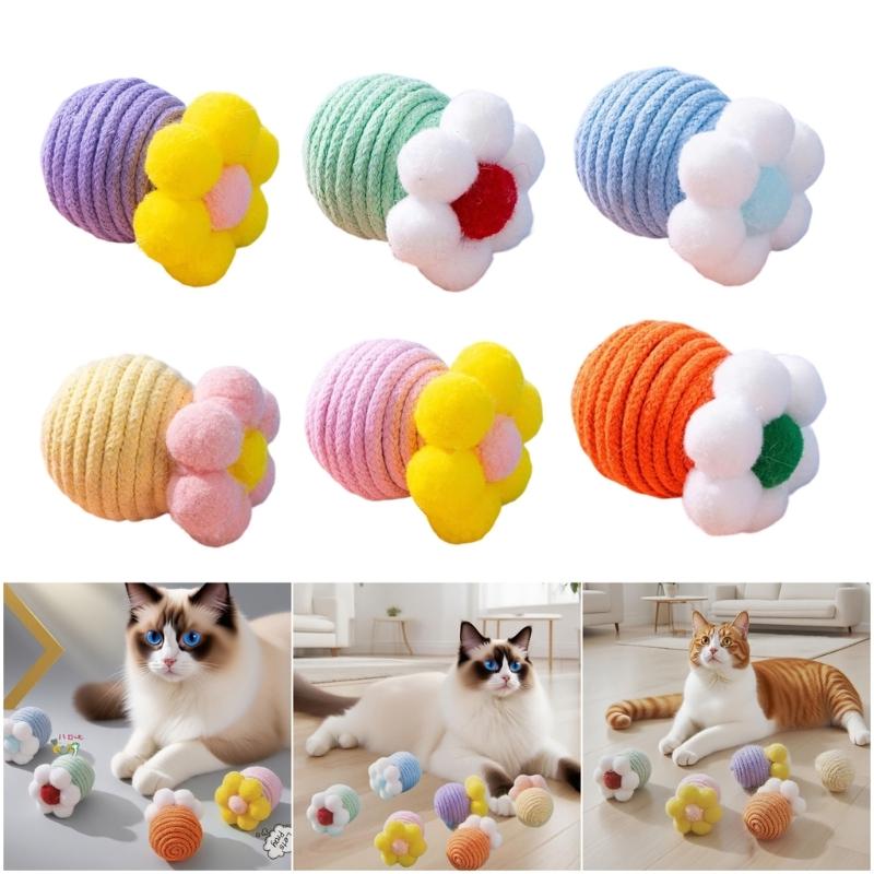 6PCS Linen Cotton Cats Teasing Toy with Flower Design and Soundable Bells for Safe Pet Entertainment Enrichement Toy