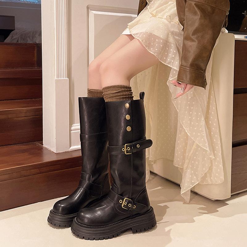 New Fashion Thick Soled Knee High Boots For Women, Retro British Style Belt Buckle Knight Boots, Versatile Long Boots
