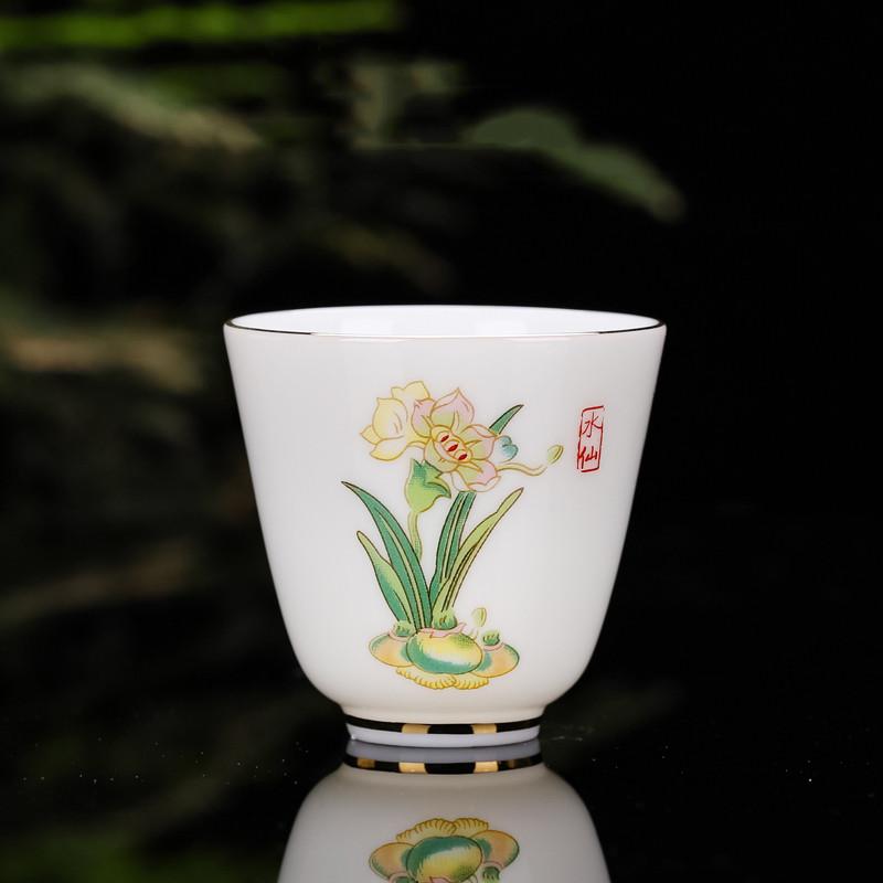 Chinese Ceramic Teacup Travel Personal Meditation Cup Hand Painted Lotus Leaf Tea Bowl Pu'er Master Cup Tea Set Accessories 65ml