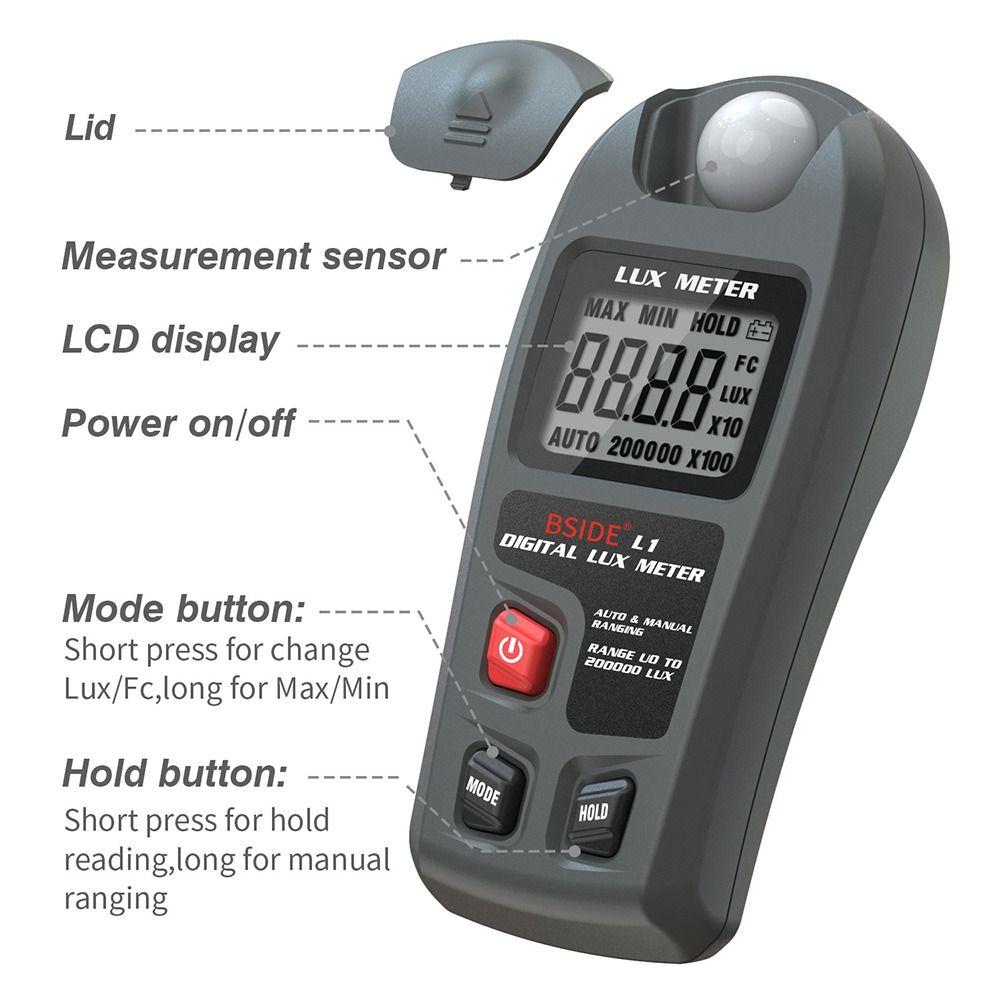 True RMS Handheld Illuminance Meter Max Min LCD 200K Lux/Fc Photometer Lux Tester Digital Light Meter