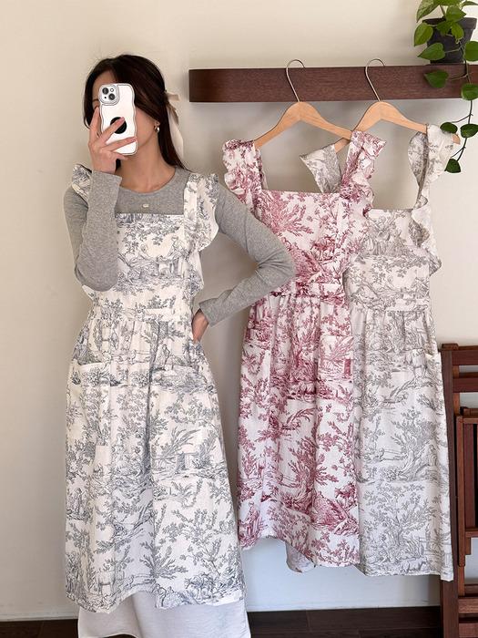 BELLELIFE Twill Linen Ruffle Apron 3 Colors 01. Red