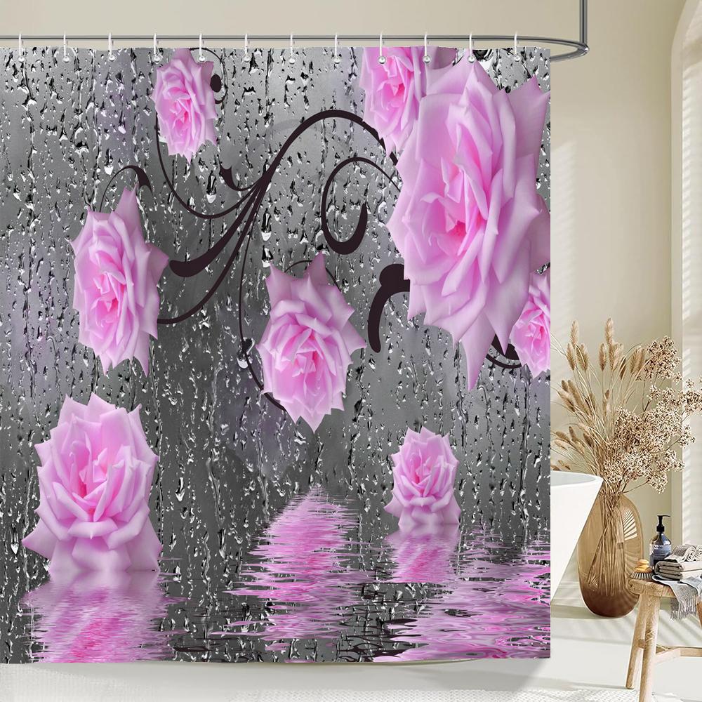 Beautiful Flower Butterfly Art Fabric Shower Curtain,Rose Decor Bathroom Shower Curtains with Hooks,Waterproof Bathroom Curtains