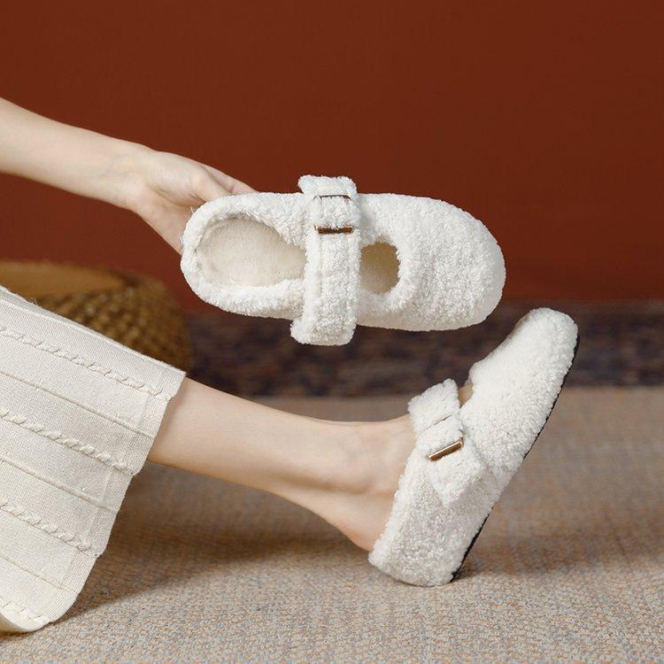 Baotou fluffy shoes for women to wear outside 2025 winter new warm and plush lazy thick-soled muffin half-towed cotton slippers for women