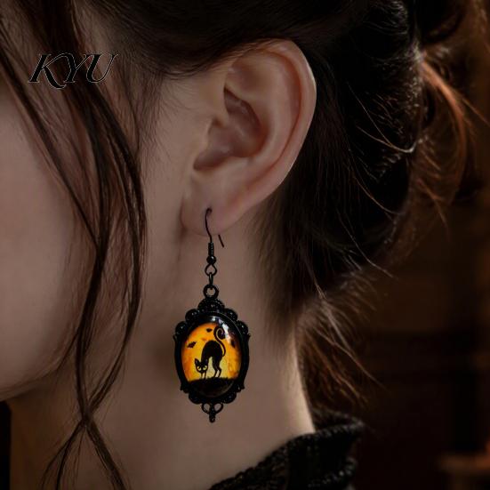 Retro Alloy Dangle Earrings 1 Pair Halloween Gothic Black Cat for Women, Vintage Exquisite Craftsmanship Party Favors Dark Punk Style Drop Earrings,