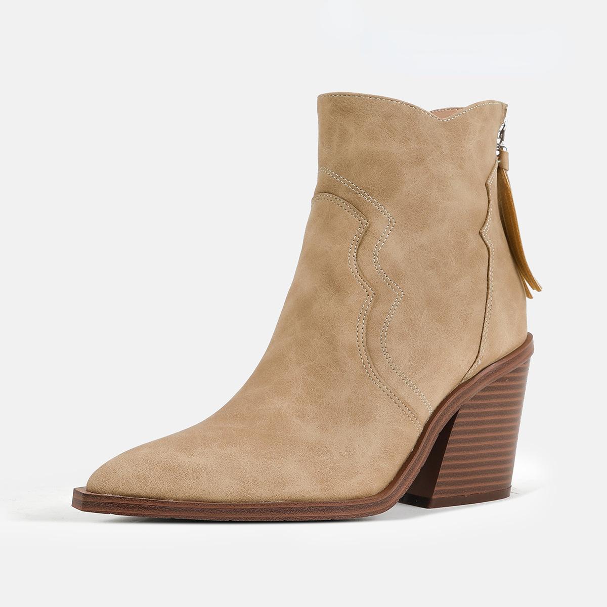 

New Design Fringe Zipper Boots Women Pointed Toe Heel Ankle Boots Thick Square Heel Western Cowboy Women Shoes 36