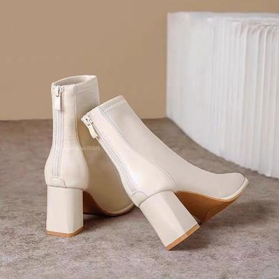 Fashionable  Skin Short Boots Women's Chunky High Heels Side Zipper All-Match Winter Boot Korean Style Flat Booties