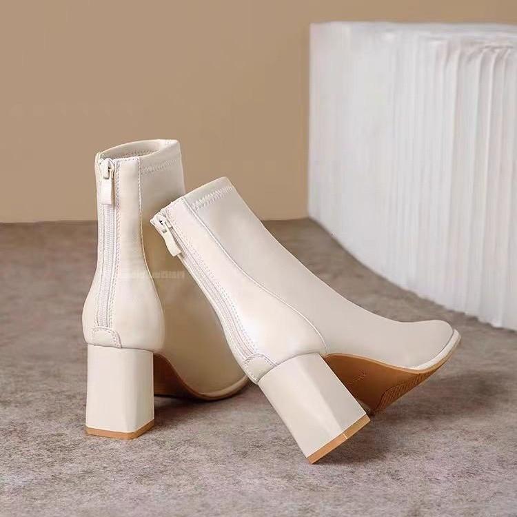 Fashion Fashionable  Skin Short Boots Women's Chunky High Heels Side Zipper All-Match Winter Boot Korean Style Flat Booties