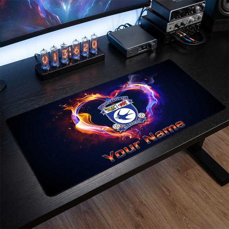 Cardiff City Custom Large Mouse Pad, Personalized Name Text Print, Football Logo Non‑Slip Desk Mat Gaming Gift