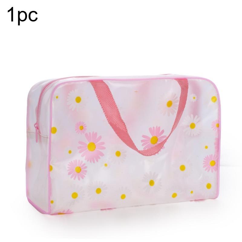1pc Daisy Print Handbag Portable Beach Wash Bag Large Capacity Makeup Bag PVC Swimming Bath Bag Clothing Storage Tote Bag