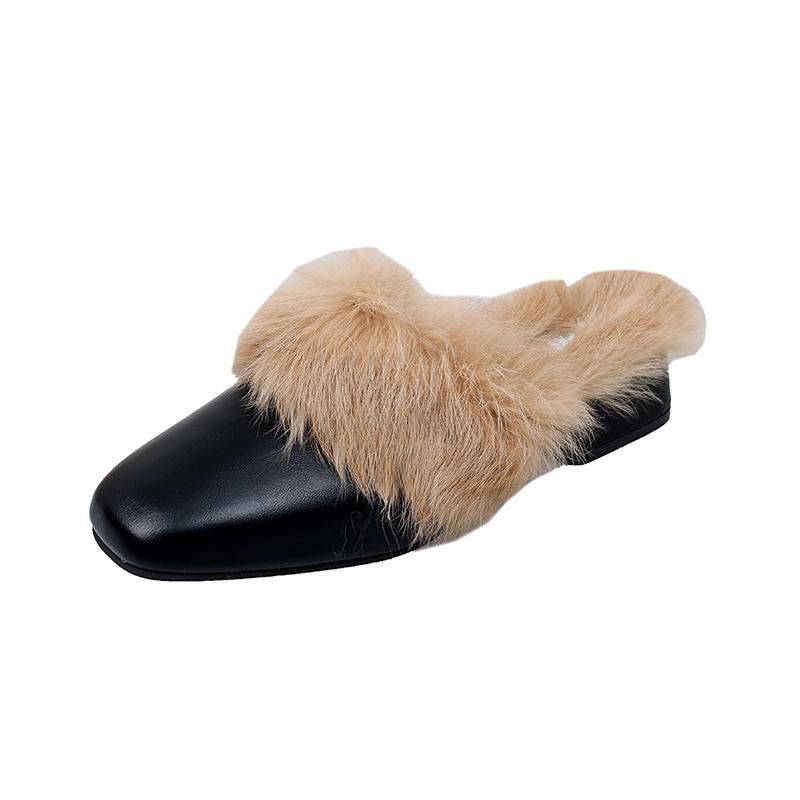 Fashion Aphixta Winter Gingham Upper Long Real Rabbit Fur Plush Women Slippers Nature Warm Furry Shoes Square Toe Flat Heel Hair Slides
