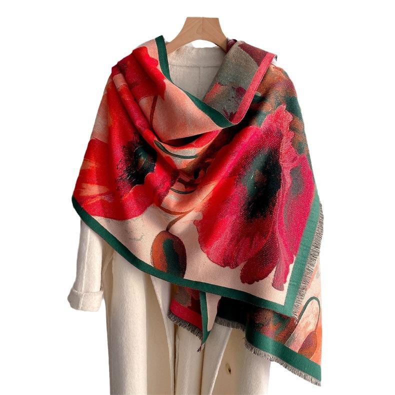 2024 Sonbahar/Kış Yeni Kalınlaştırılmış Sıcak Çift Taraflı İki Ton Püskül Taklit Kaşmir Eşarp, Yüksek Dereceli Şal Boyun