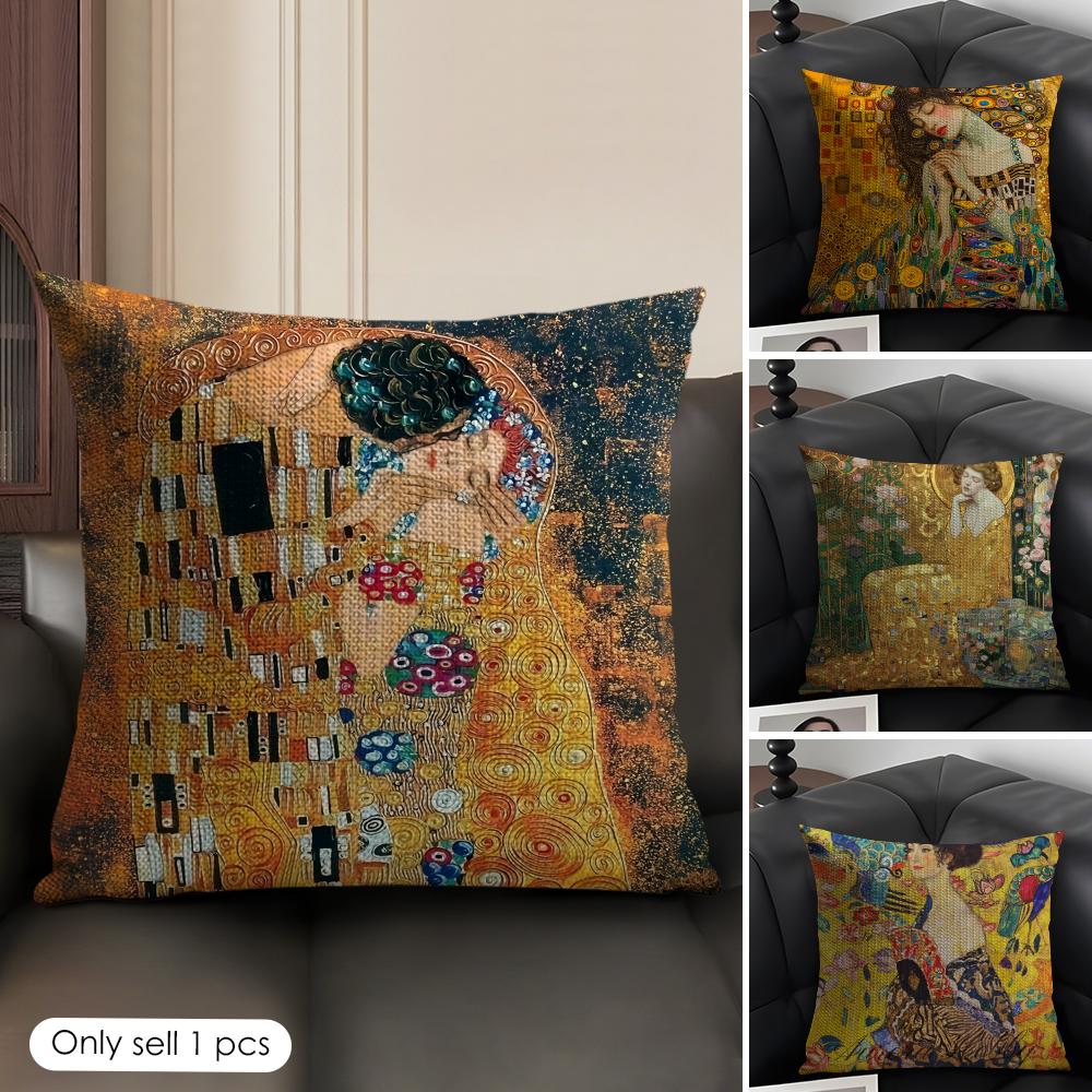 GGustav Klimt Oil art Cushion Cover Natural Linen Organic Fabric DoubleSided Printing Sofa Home Decor Gift Pillow Case