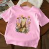 Girls Cartoon Otter Print Crewneck Short Sleeve Tee, Soft Breathable Daily Casual Top
