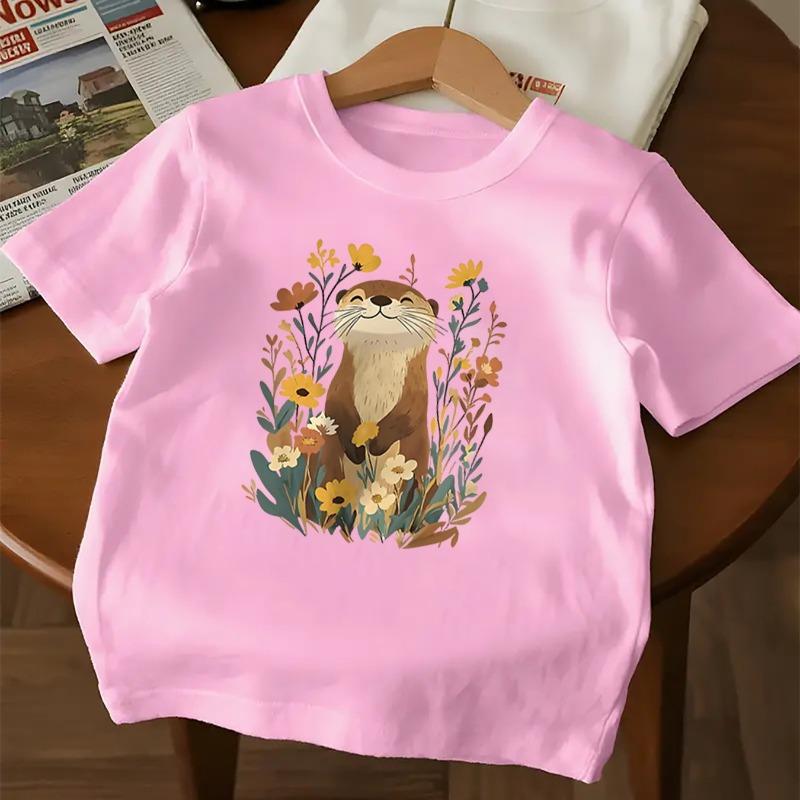 Girls Cartoon Otter Print Crewneck Short Sleeve Tee, Soft Breathable Daily Casual Top