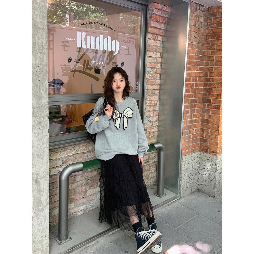 Season's new round neck bow printing large size loose sweater women's clothing fleece affordable