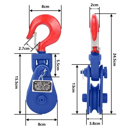 aleawol 2-ton Snatch Block, Hook-Type Pulley, Swivel Type, Single-Car Snatch, Heavy-Duty Pulley, Compatible with 9.5mm Wire Rope, for Loading Trucks,