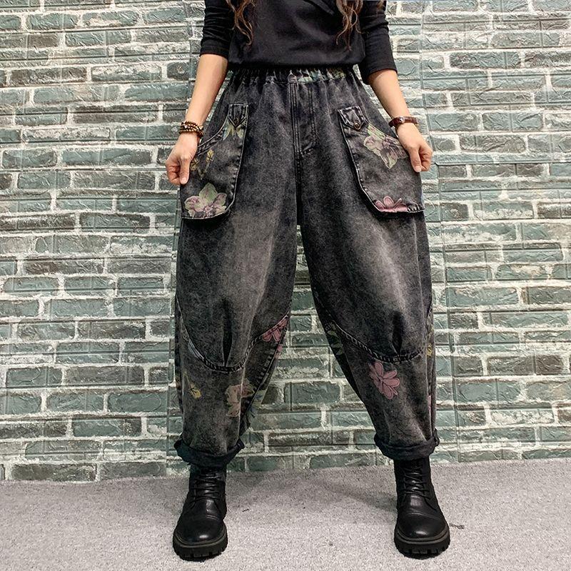 In-Stock 2023 Spring Fashion: Retro Printed Distressed Denim Harem Pants, Loose Fit, Plus Size