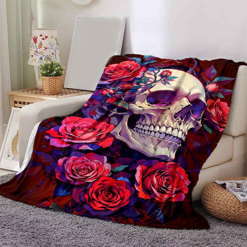 1pc Skull & Blooms Cartoon Blanket Soft and Cozy Throw for Home Decor, Perfect Gift for and , Living Room .K080