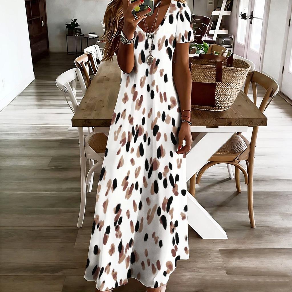 Women Plus Size V Neck Short Sleeve Geometric Printed Casual Long Dress