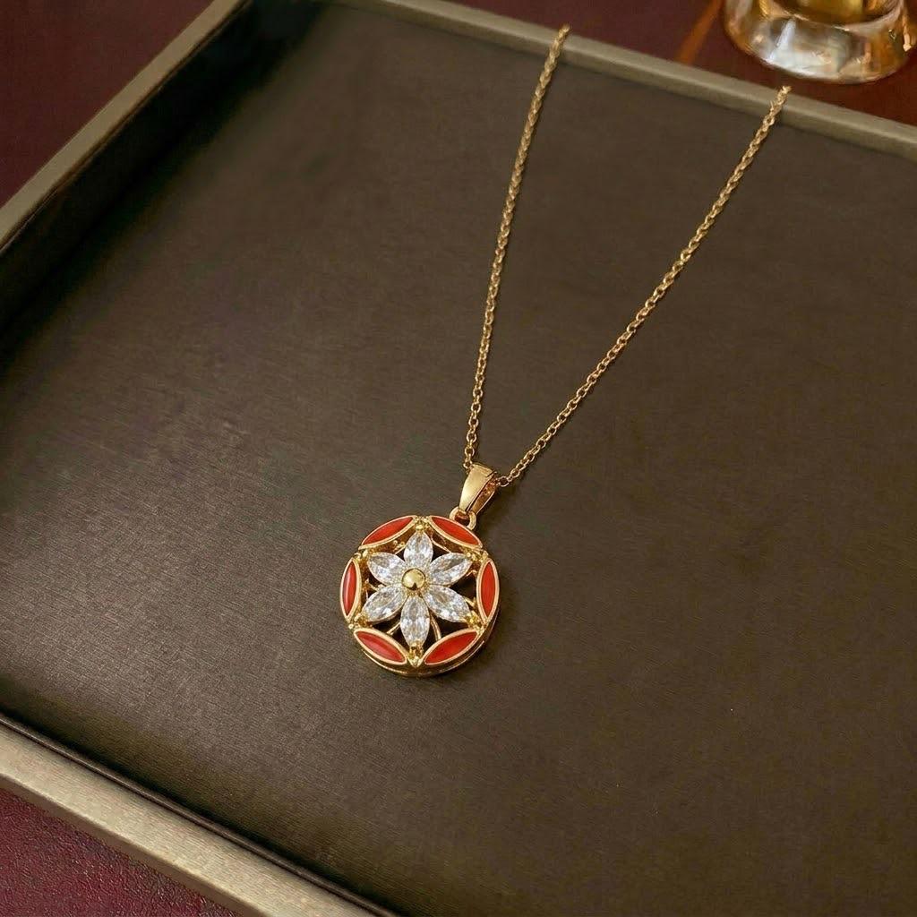 Women's Fashion Necklace & Bracelet Set: Flower Pendant, Diamond Bauhinia Earrings